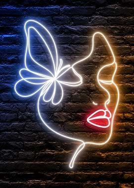 Beautiful Woman Neon Face with a Butterfly Merged into it Red Lips Blue to Orange gradient