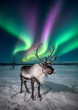 Reindeer Under Aurora Borealis
