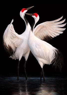 Two Red-Crowned Cranes in Water