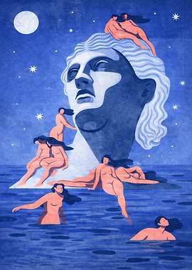 Mythological figures in a starry night sea
