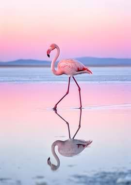 Flamingo walking in shallow water at sunset