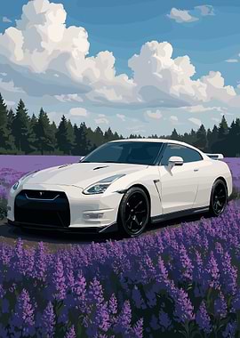 White Sport Car Lavender Landscape