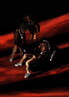 Three figures in striped pants