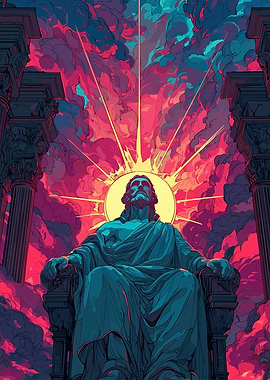 Jesus Christ Majestic Statue in Fiery Sky