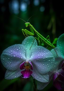 Praying Mantis on Orchid with Dewdrops