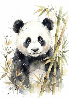 Watercolor Panda with Bamboo
