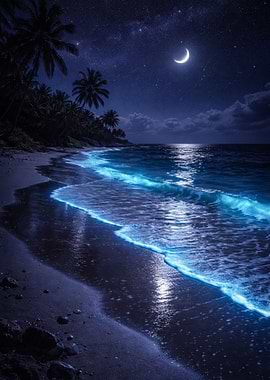 Bioluminescent Beach at Night