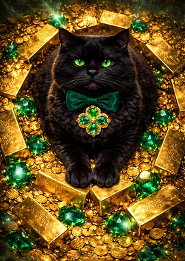 Black Cat St Patrick's Symmetrical Gold Emerald Papillon Golden Medal