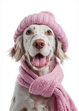 Cozy English Setter Dog Wearing Pink Winter Hat and Scarf