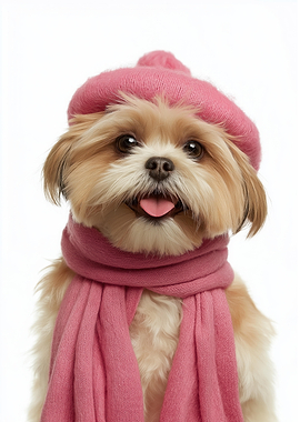 Cute Lhasa Apso Dog in Pink Hat and Scarf