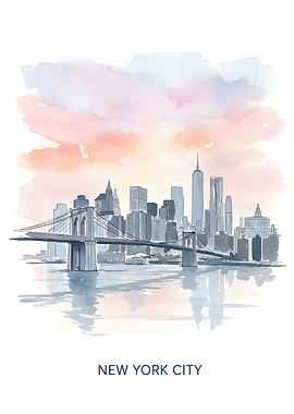 New York City Skyline Watercolor Sunset