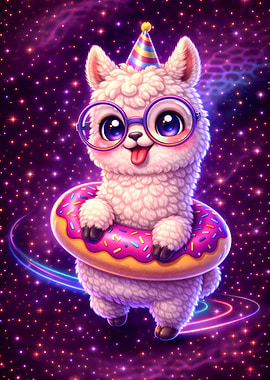 Cute Llama in Space with Donut