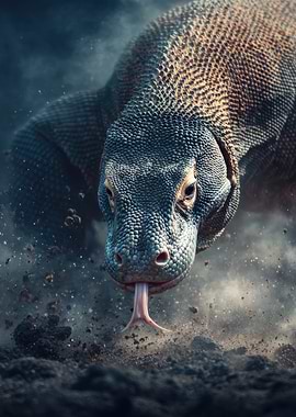 Komodo Dragon Emerging from Dust