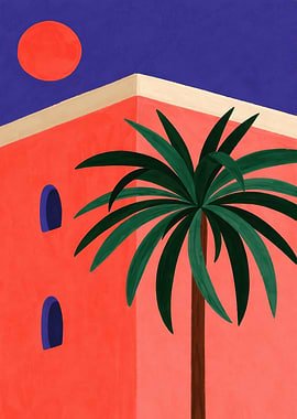 Tropical building with palm tree and sun