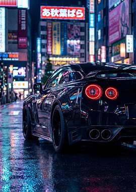 Black GT-R R35 Car Night City