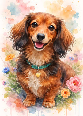 Watercolor Dachshund Dog with Flowers