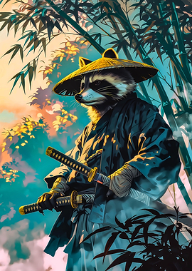 Raccoon Samurai in Bamboo Forest