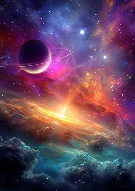 Cosmic Nebula with Planet and Rings
