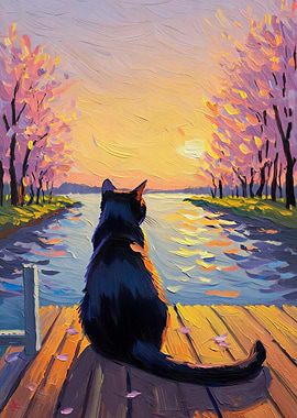Black Cat Watching Sunset by Water