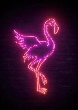 Neon Flamingo on Brick Wall