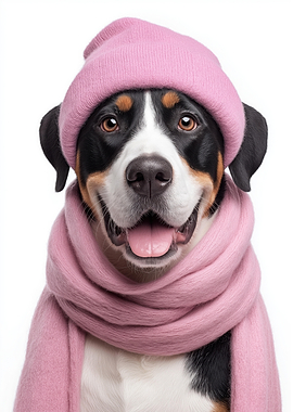 Cozy Greater Swiss Mountain Dog Wearing Pink Hat and Scarf