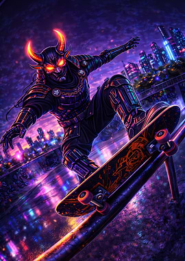 Cyberpunk Oni Skateboarder in Cityscape - Neon Ronin Poster (Cyber Samurai Edition)