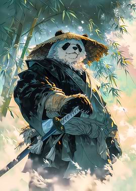 Samurai Panda in Bamboo Forest