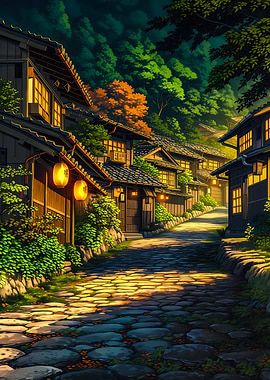 Traditional Japanese Village Street at Dusk