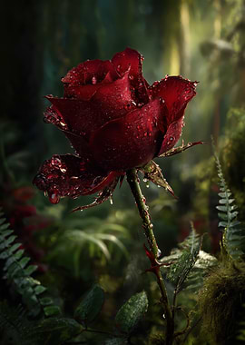 Dew-Kissed Red Rose in Forest