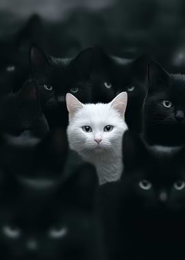 White cat surrounded by black cats