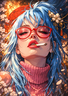 Anime Girl with Blue Hair and Red Glasses