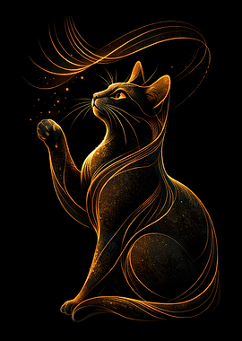 Mystical Black Cat with Golden Swirls