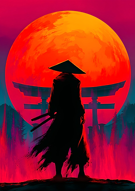 Samurai in front of a giant red moon