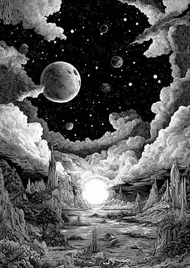Alien Landscape with Celestial Bodies