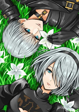 Nier Automata Characters in Grass