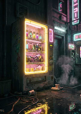 Cyberpunk Vending Machine in Rainy Alley