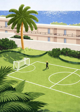 Man on a soccer field by the sea