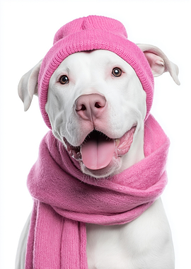 Cozy Dogo Argentino Dog Wearing Pink Hat and Scarf