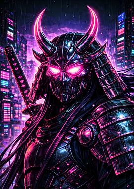 Cyberpunk Samurai in Neon City - Neon Ronin Poster (Cyber Samurai Edition)