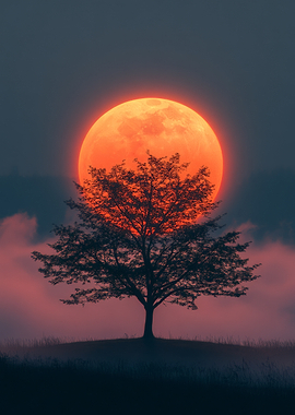Tree silhouetted against a blood moon