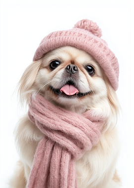 Cozy Pekingese Dog Wearing Winter Hat and Scarf