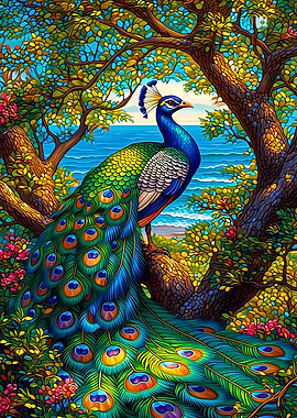 Peacock on a Tree Branch by the Sea