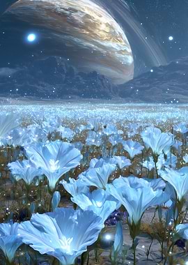 Alien Planet with Blue Flowers and Giant Planet