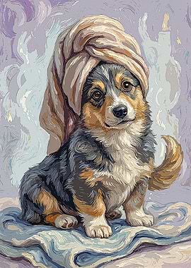Corgi with a Towel Turban - Funny Classical Art