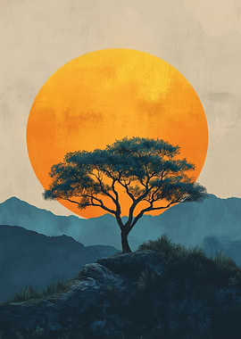 Serene Tree Silhouette Against a Large Sun