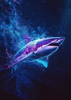 Shark swimming in glowing blue particles