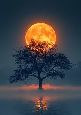 Mystical Tree and Orange Moon