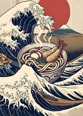 Udon Bowl with Tempura and Mount Fuji
