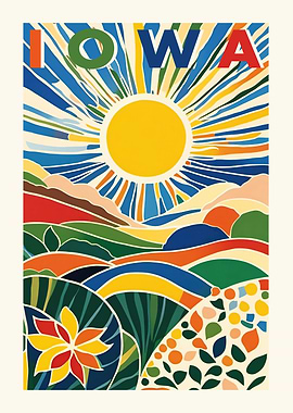 Iowa landscape with sun and text
