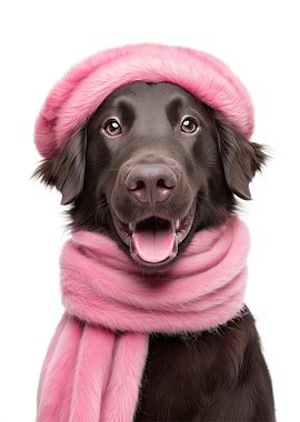 Cozy Flat-Coated Retriever Dog in Pink Beret and Scarf